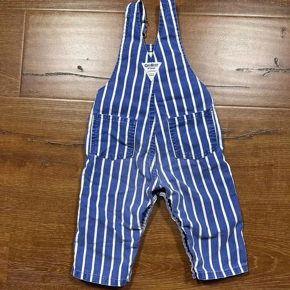 Vintage OshKosh B'Gosh Overalls Baby 12M Blue Stripe USA Made Snaps Railroad VTG